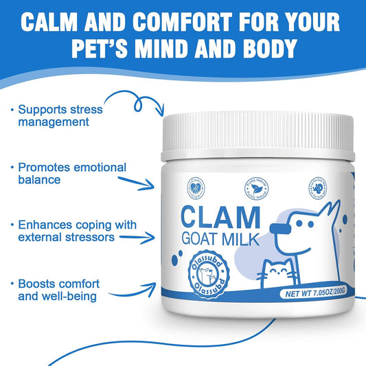 Goat Milk Powder Cat & Dog Calming Pet Goats Milk Calm Treats Anxiety Relief Contains GABA Designed for Pets with Anxiety Stress and Hyperactivity Supports Immune Skin and Bone Health