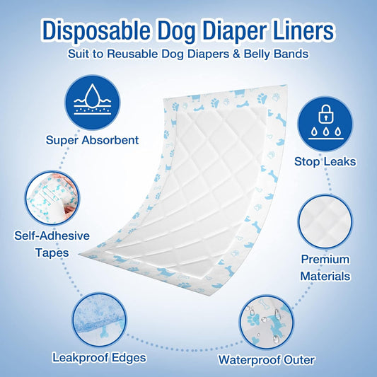 Pet Soft Disposable Dog Diaper Liners Booster Pads - Fit for Most Washable Dog Diapers & Dog Belly Bands Wraps, Ultra Absorbent for Marking, Incontinence, Female in Heat (Blue,S-50)