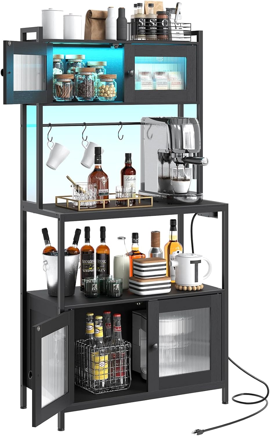 HOOBRO Bakers Rack with Storage Cabinet, 5-Tier Coffee Bar with Power Outlet and LED Lights, Industrial Microwave Oven Stand with Shelves, Kitchen Storage Shelf with Cabinet, Black BB13UDHB01
