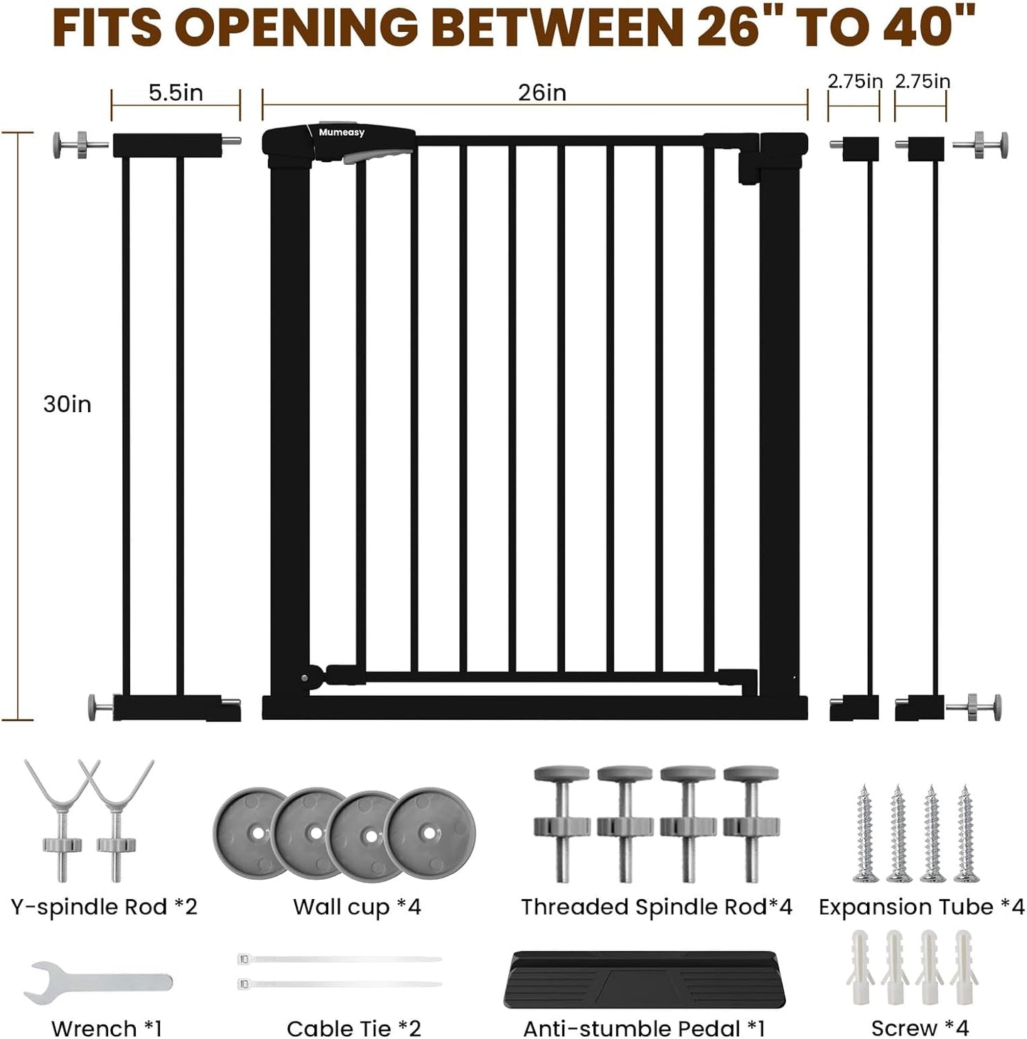 Baby Gate with Door, 26-40" Auto Close Dog Gate Indoor for Stairs Doorways, Easy Install Pressure Mounted Pet Gate, Easy Walk Through Child Safety Gate for The House, Black