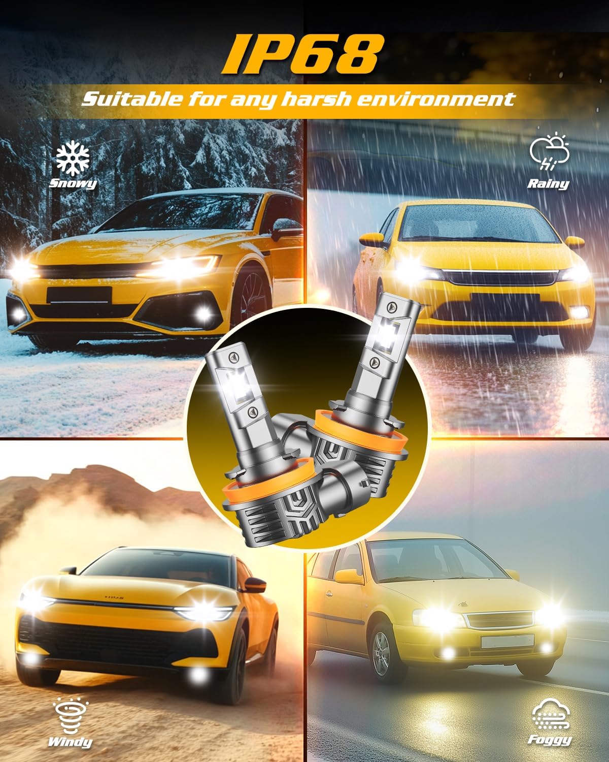 FAHREN H11 9005 LED Light Bulbs Combo, 40000 LM Super Brightness, 1:1 Size Easy Installation H11/H9/H8 9005/HB3 Driving Light Bulb, 10-Year Life, IP68 Waterproof, Pack of 4