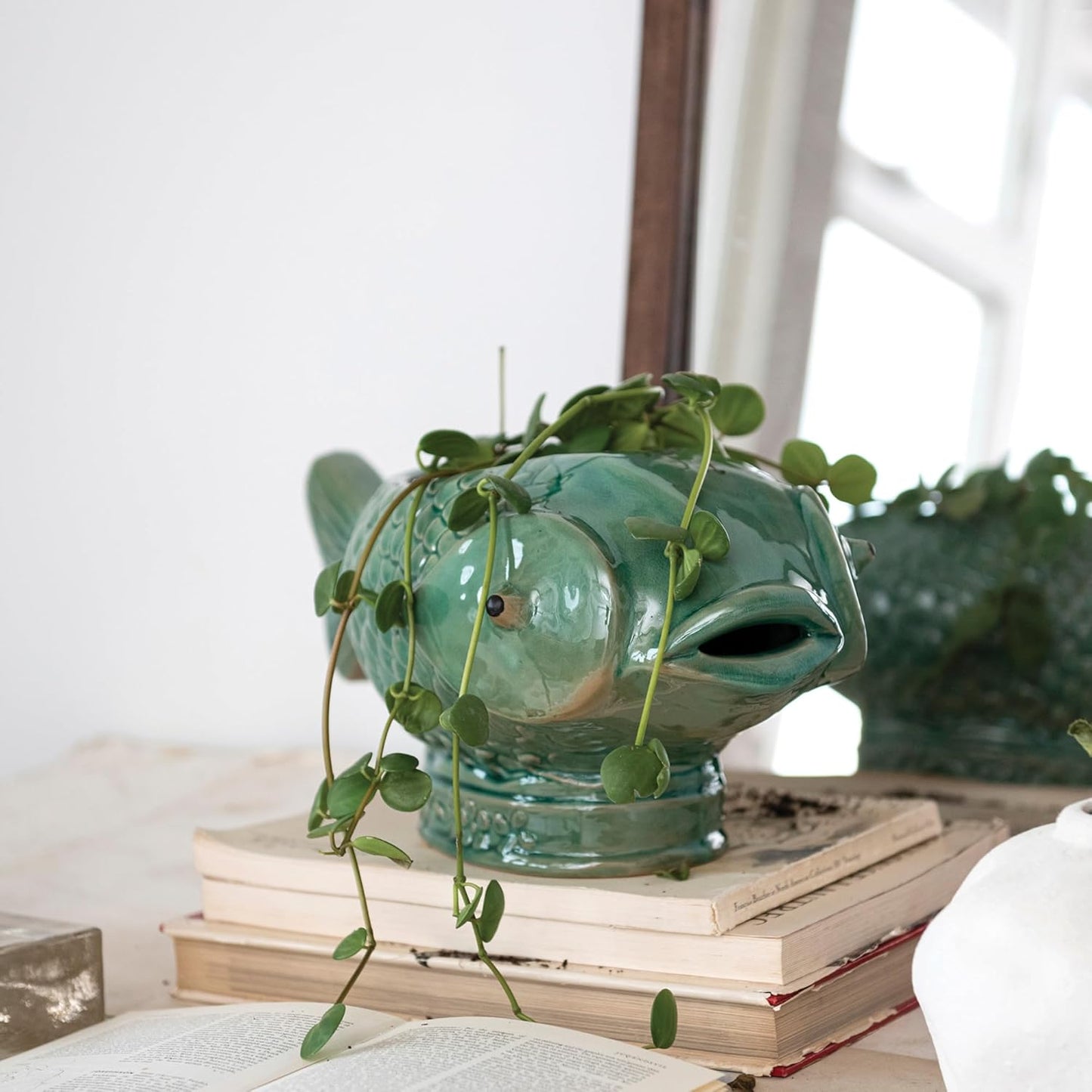 17 Inches Debossed Stoneware Fish Planter, Reactive Glaze, Holds 7 Inches Pot, Turquoise