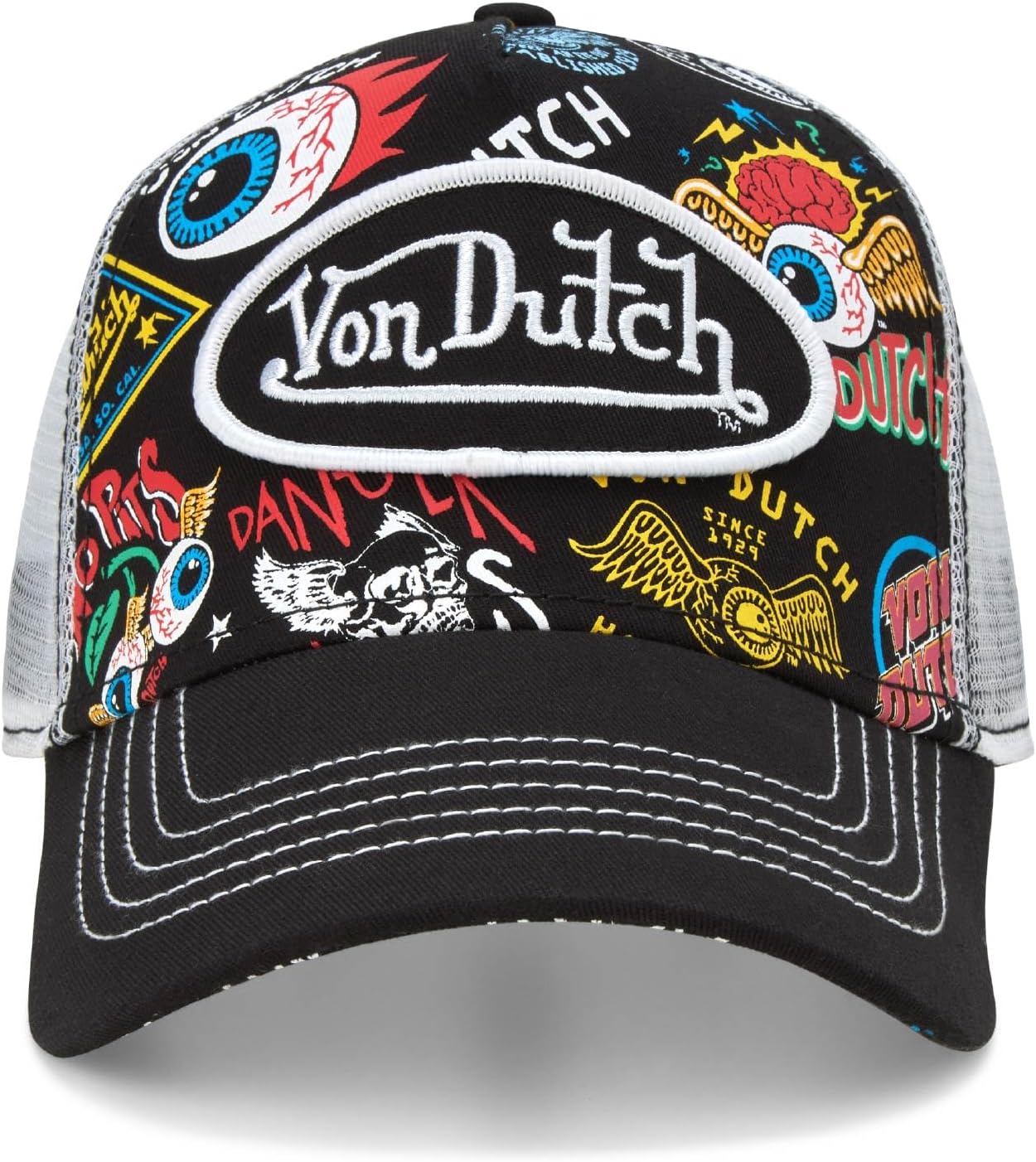 Von Dutch Monogram Trucker Cap - Retro Snapback Cap for Men and Women - Adjustable Snap Fit Panel, Mesh Rear, Curved Bill