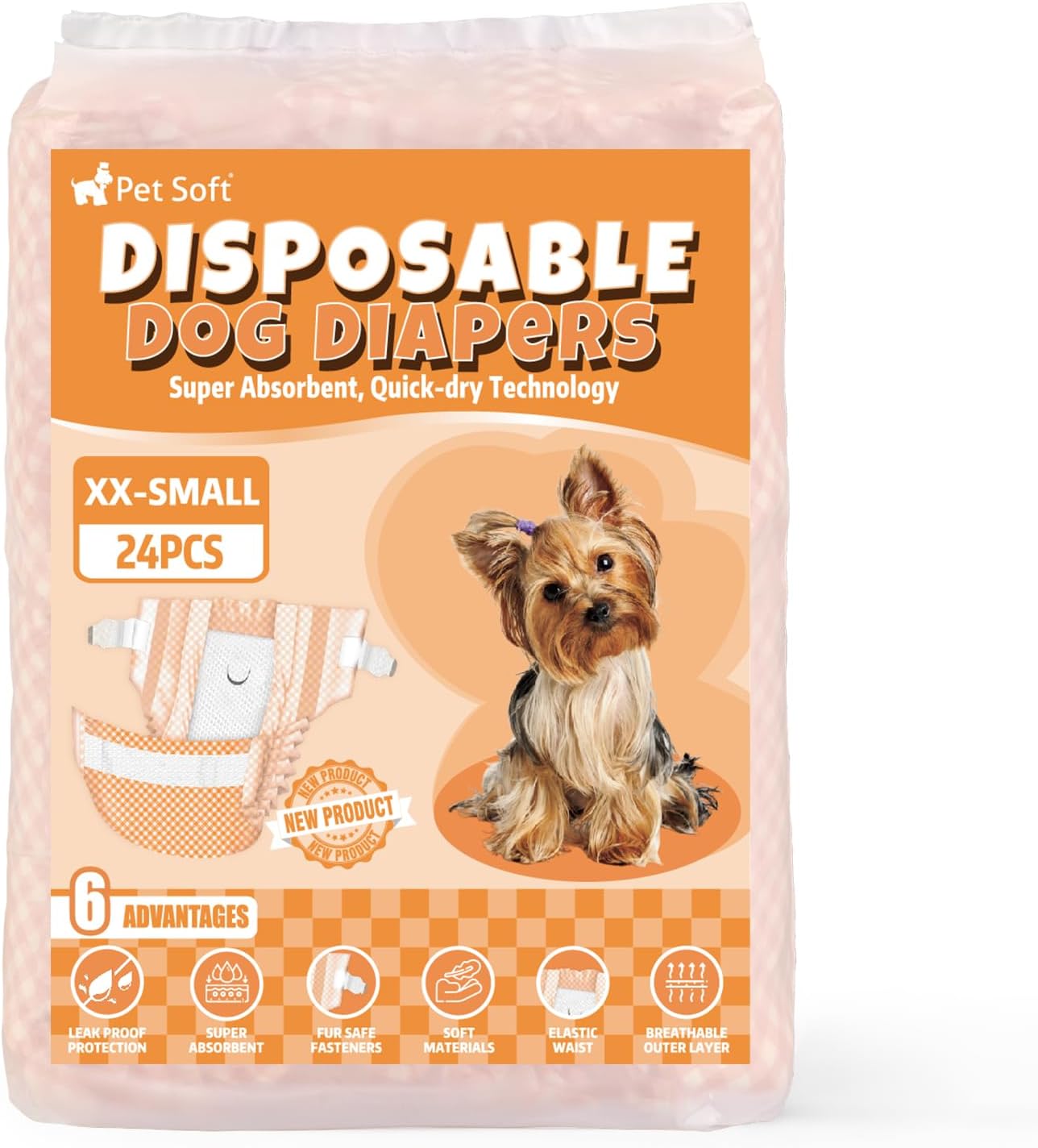 Pet Soft Female Dog Diapers - Disposable Puppy Diapers for Dogs & Cats, Ultra Absorbent Doggy in Heat Period or Urine Incontinence, 24pcs (XXS, Orange)