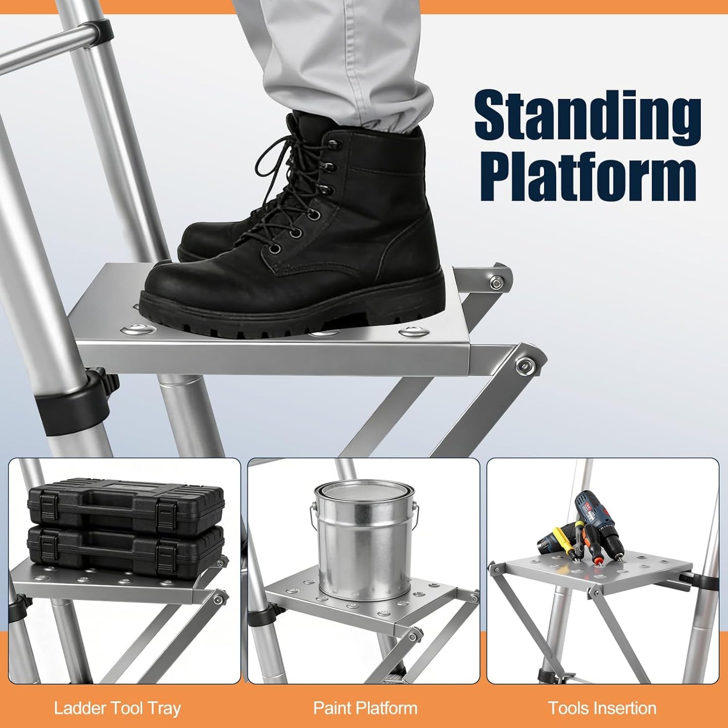 Ladder Platform for Standing, Extension Ladder Work Platform, Foldable Anti-Slip Ladder Platform Accessory for Paint and Tool, Ladder Step Attachment Project Tray, Alloy Steel Holds 400lbs