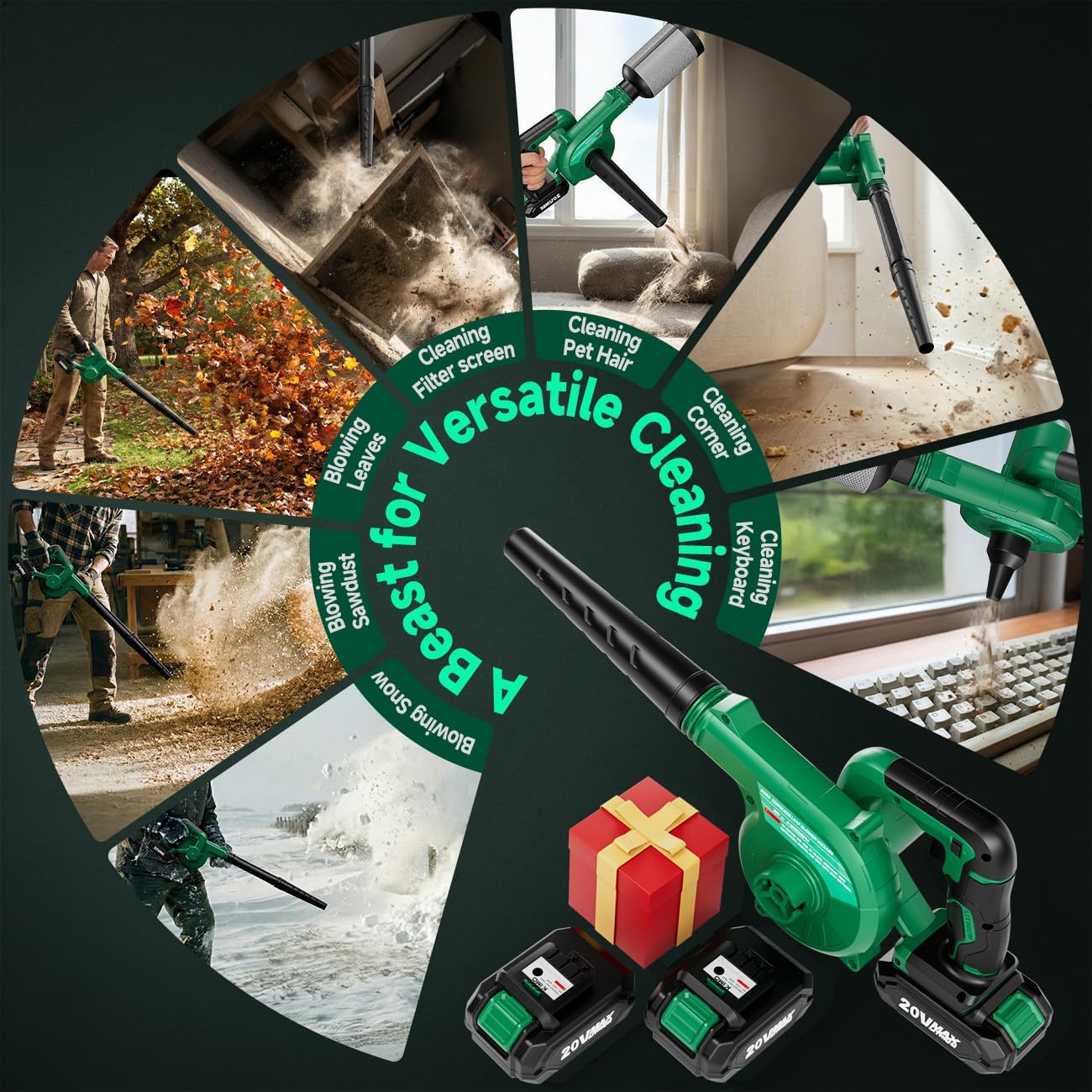 K I M O. Cordless Leaf Blower Vacuum Combo 4 in 1, 3 Nozzles &3 Modes for Inflation & Deflation, Extended Tube & Variable Speed, 20000RPM 150MPH, 2x2000mAh Battery Powered Leaf Blowers for Lawn Care