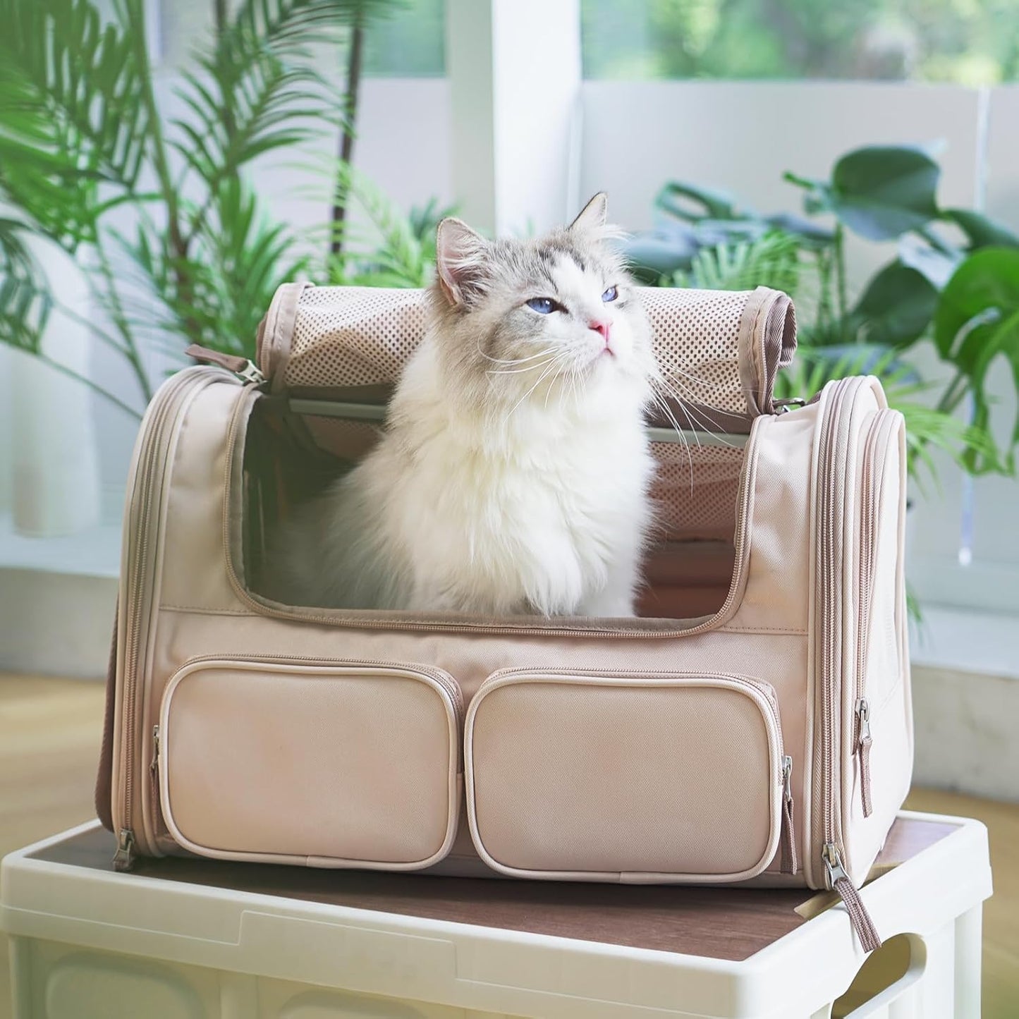 FUKUMARU Cat Carrier, 4 Mesh Windows Small Dog Carrier, 4 Storage Pockets Cat Travel Bag, Under 15 lb Airline Approved Pet Carrier, Rollable Cover for Nervous Cats, Pink