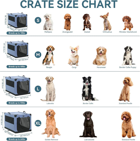 PETSFIT 26" Soft Portable Dog Crate – Patented Spiral Sturdy Frame, Collapsible Travel Kennel for Small Dogs, 3 Mesh Door, Lockable Zippers, Indoor & Car Use Blue