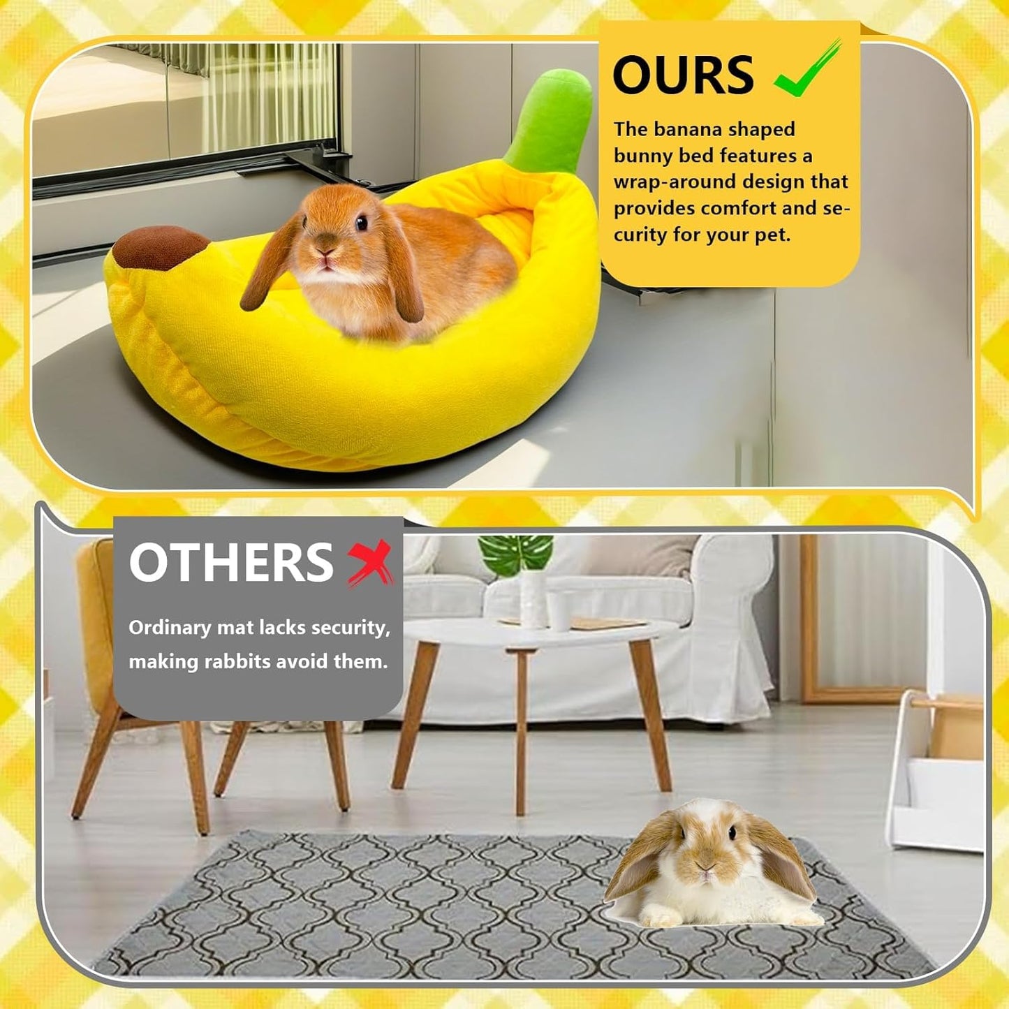 Rabbit Bed,Bunny Bed,Thick&Soft with Removable Mat,Machine Washable Guinea Pig Cushion,Cozy Rabbi Plush House,Warm Small Animal Sleeping Beds(Yellow Banana Shape-L)