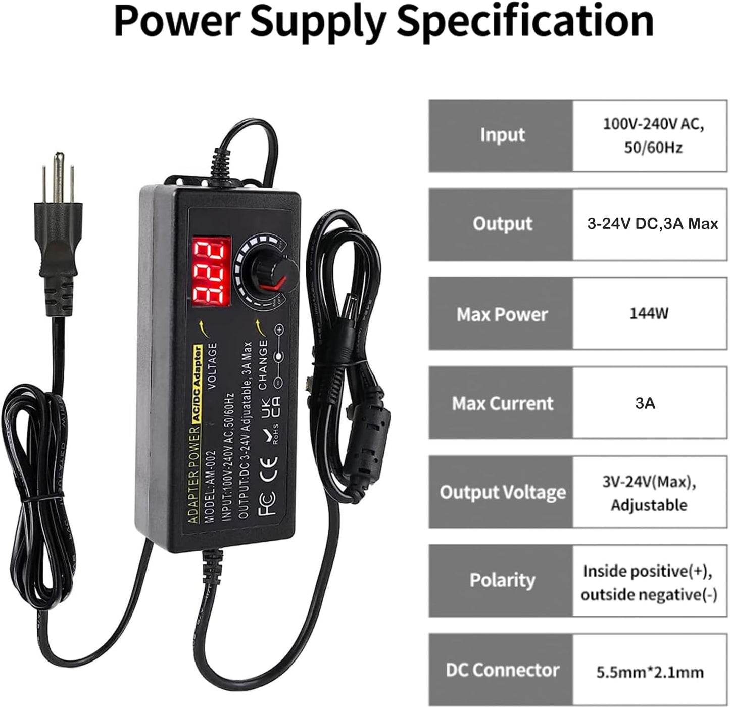 Adjustable Universal Power Supply 3V ~ 24V 3A 72W,100V-240V Switching AC/DC Adapter Converter with 5.5x2.1mm &14 Tips,9V 12V 15V 18V 20V 24V Variable Power Supply for LED Strip Light Printer Speaker