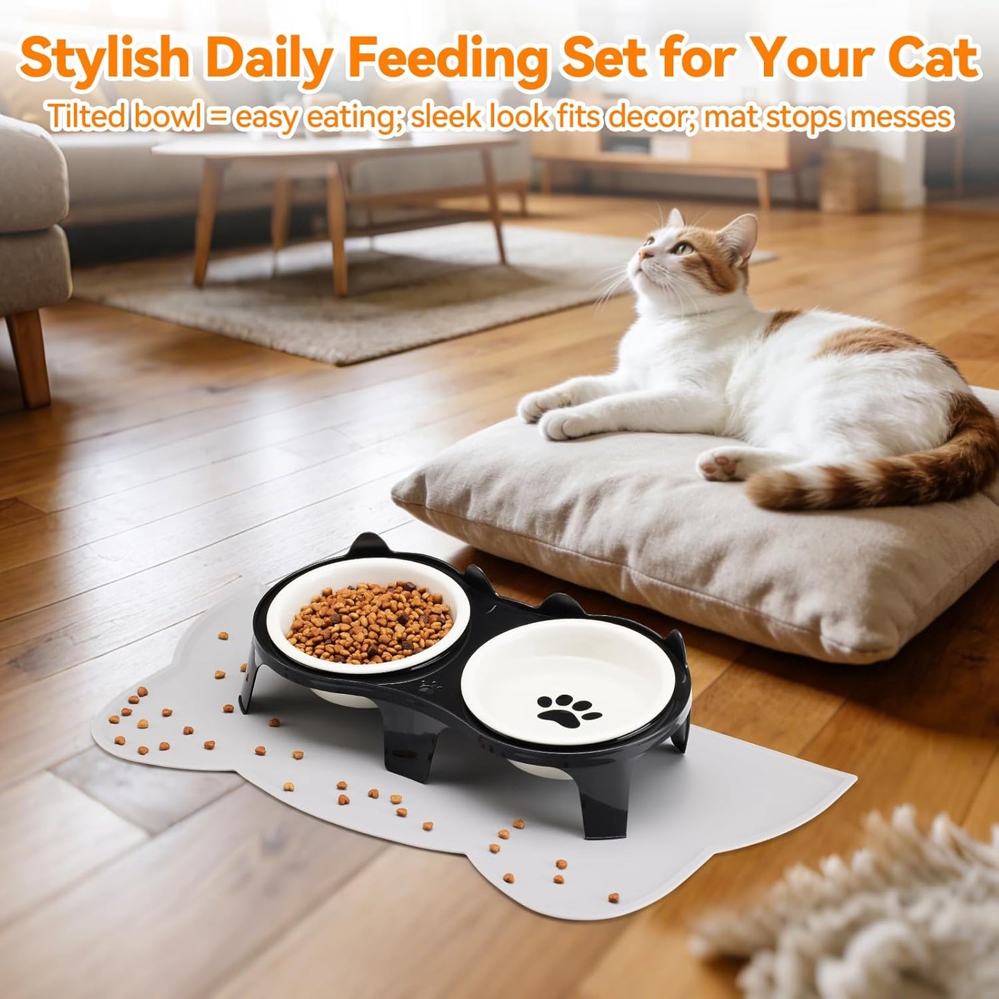 Ceramic Elevated Cat Bowls Kitty Bowls - 15° Tilt Anti-Vomiting, Silicone Mat Included, Whisker Friendly for Indoor Cats & Small Dogs (2-Pack) (Black)