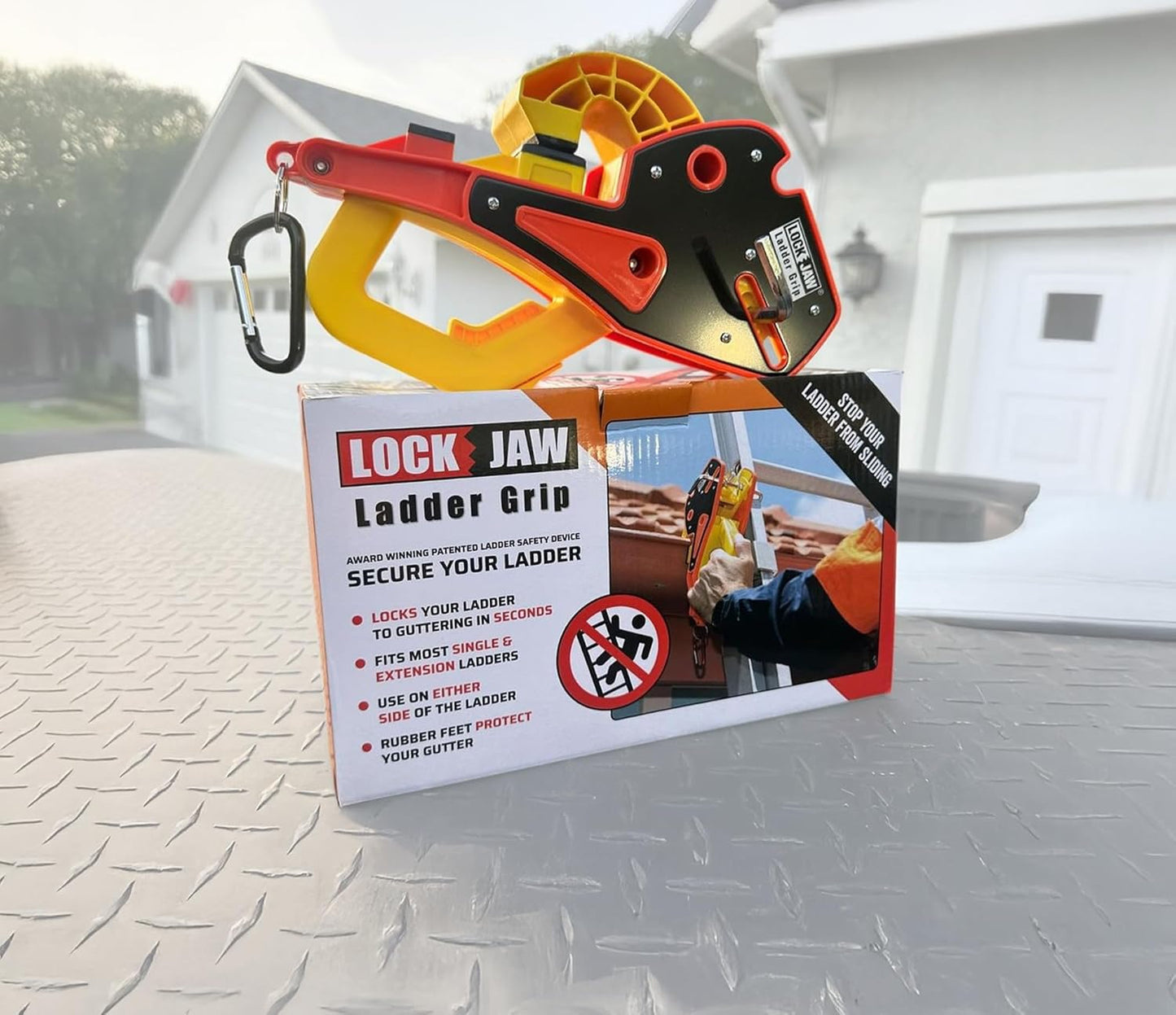 Lock Jaw Roof Ladder Stabilizer Hook for Gutter - Standoff in 5 Seconds with Slide-Lock Security - Prevent Aluminum Ladders Top Movement & Falls - Award-Winning Extension Ladder Accessories for Roof