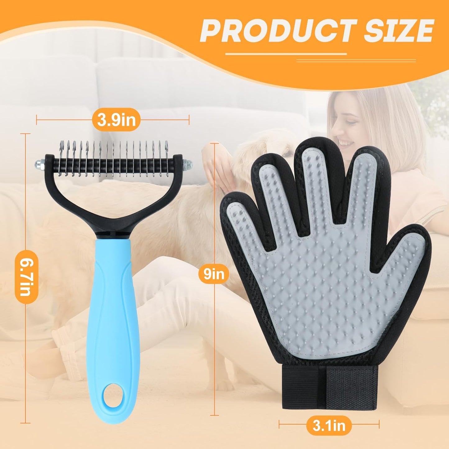 Cat & Dog Grooming Gloves for Shedding Brushes 1 Pair and Pet Grooming Rake 1PC, Double Sided Dematting, Deshedding Brush & Massage, Safe for Dogs & Cats