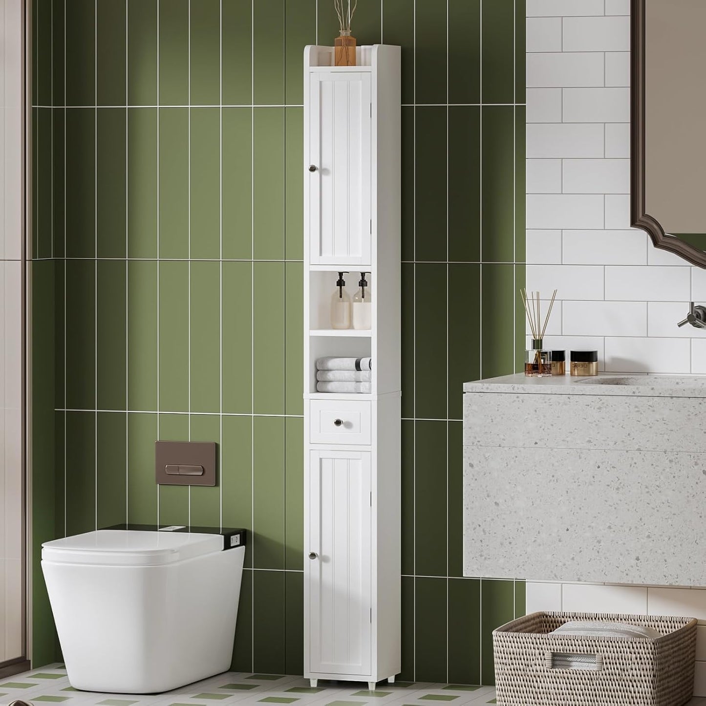 ChooChoo Narrow Bathroom Storage Cabinet with Adjustable Shelves, Tall Storage Cabinet with 2 Doors and 1 Drawer, Freestanding Cupboard for Small Spaces, White