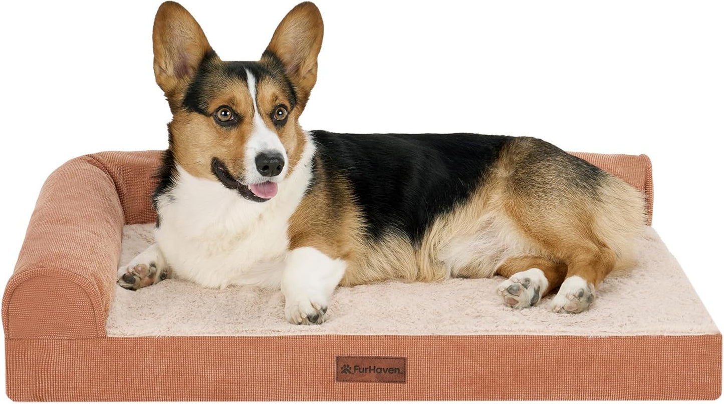 FurHaven Plush & Grid Cord Deluxe L-Chaise Pet Bed, Copper, Medium