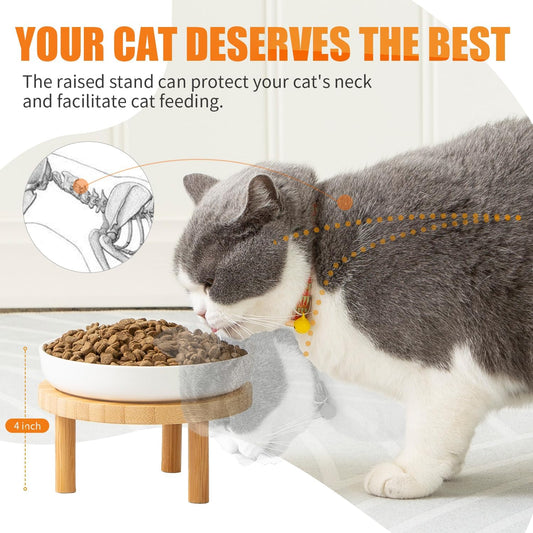 Shallow Elevated Cat Bowls,5.9 Inch Wide Raised Ceramic Cat Dishes with Bamboo Stand, Whisker Friendly Pet Water or Food Plates Feeding Station for Indoor Cats, Kitten (Blue,Set of 2)
