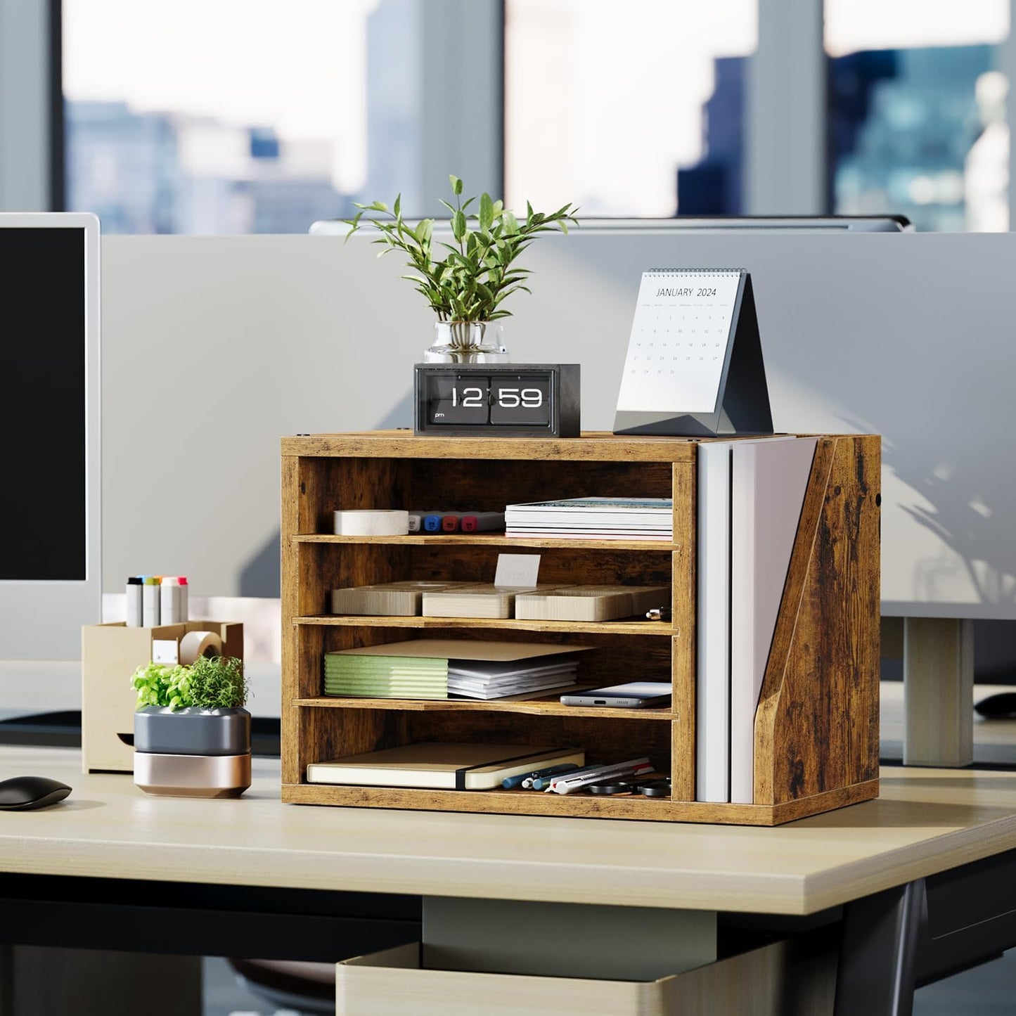 Mail Sorter, File Organizer Desktop, Wood Desk Organizer with 3 Adjustable Shelves, Mail Holder for Office, Home, Letter Sorter File Holders for Envelopes, Supplies Magazines, Rustic Brown