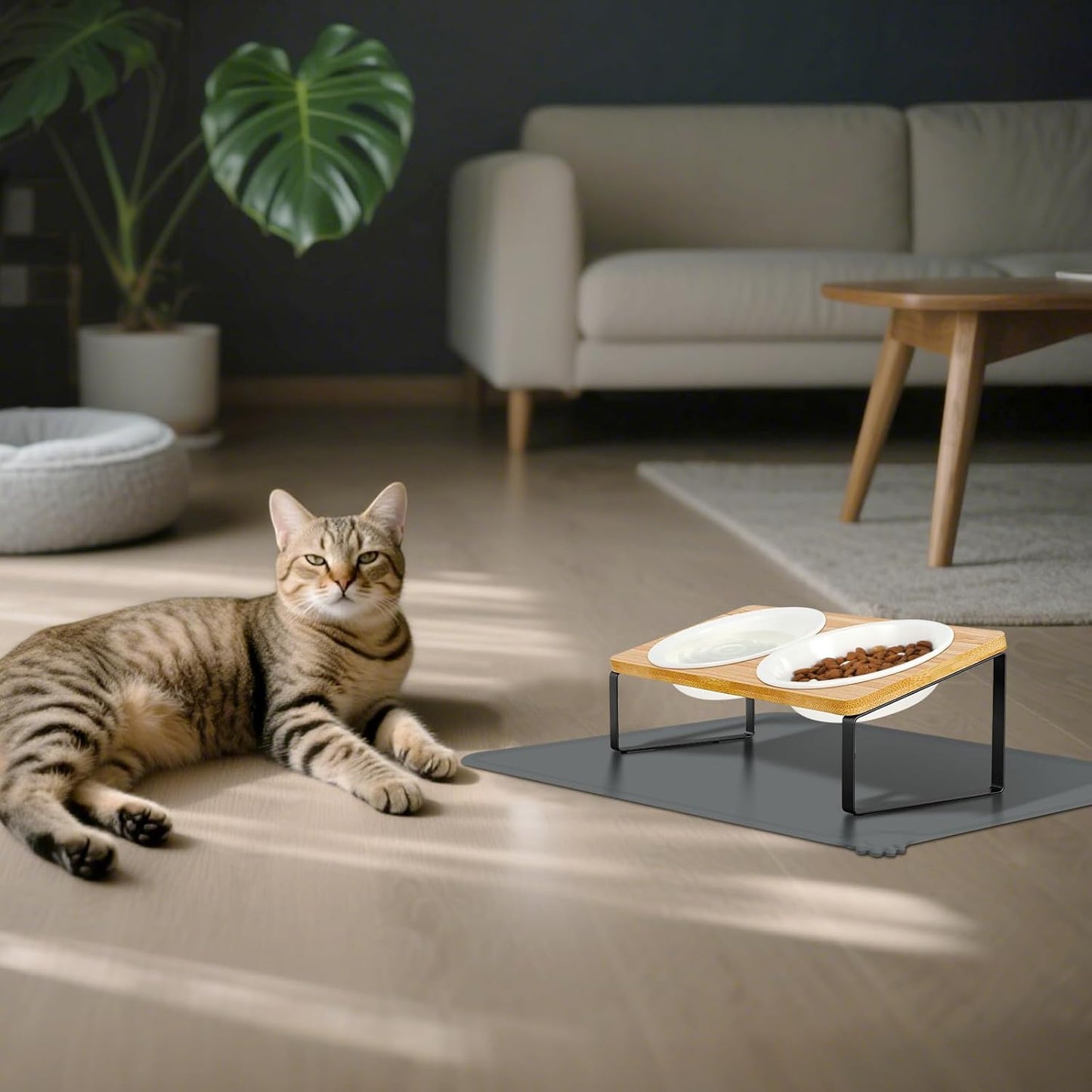 Upgraded Adjustable Height Cat Food Bowls Stand Ceramic Dog Bowls and Slow Feeder Cat Bowl, 15°Tilted Stand Anti Vomiting Raised for Small and Medium Sized Cats Dogs (Creamy White)