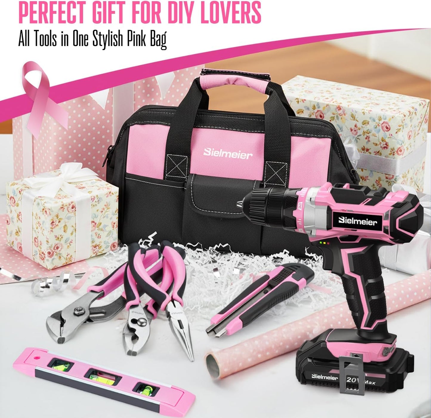 Bielmeier 20V 236Pcs Cordless Pink Drill Set for Women, Lady’s Essential Home Tool Kit with Pink Bag, Perfect DIY Electric Screwdriver Set for Home Repair & Gifts