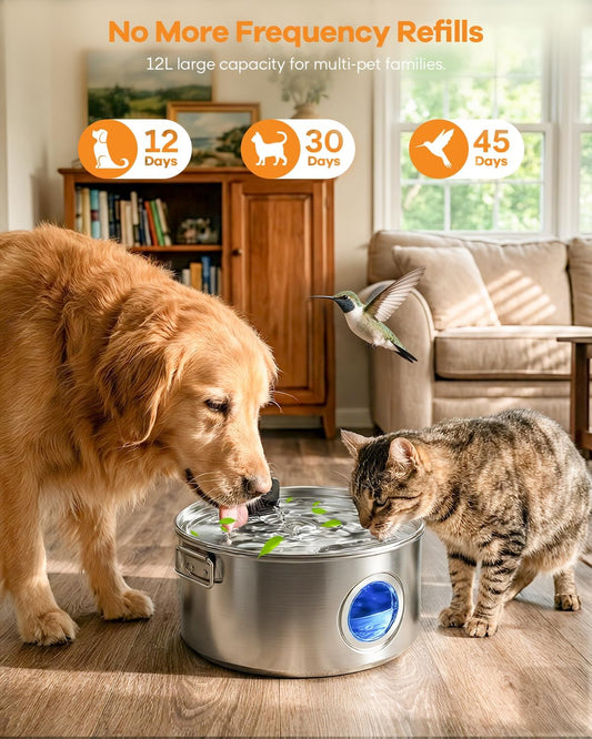 3.4Gal Wireless Automatic Dog Water Fountain for Large Dogs,12L Stainless Steel 3 Modes Dog Fountain Water Bowl Dispenser, Multi Large Pet Water Fountain Ultra Quiet & Multi-Filteration