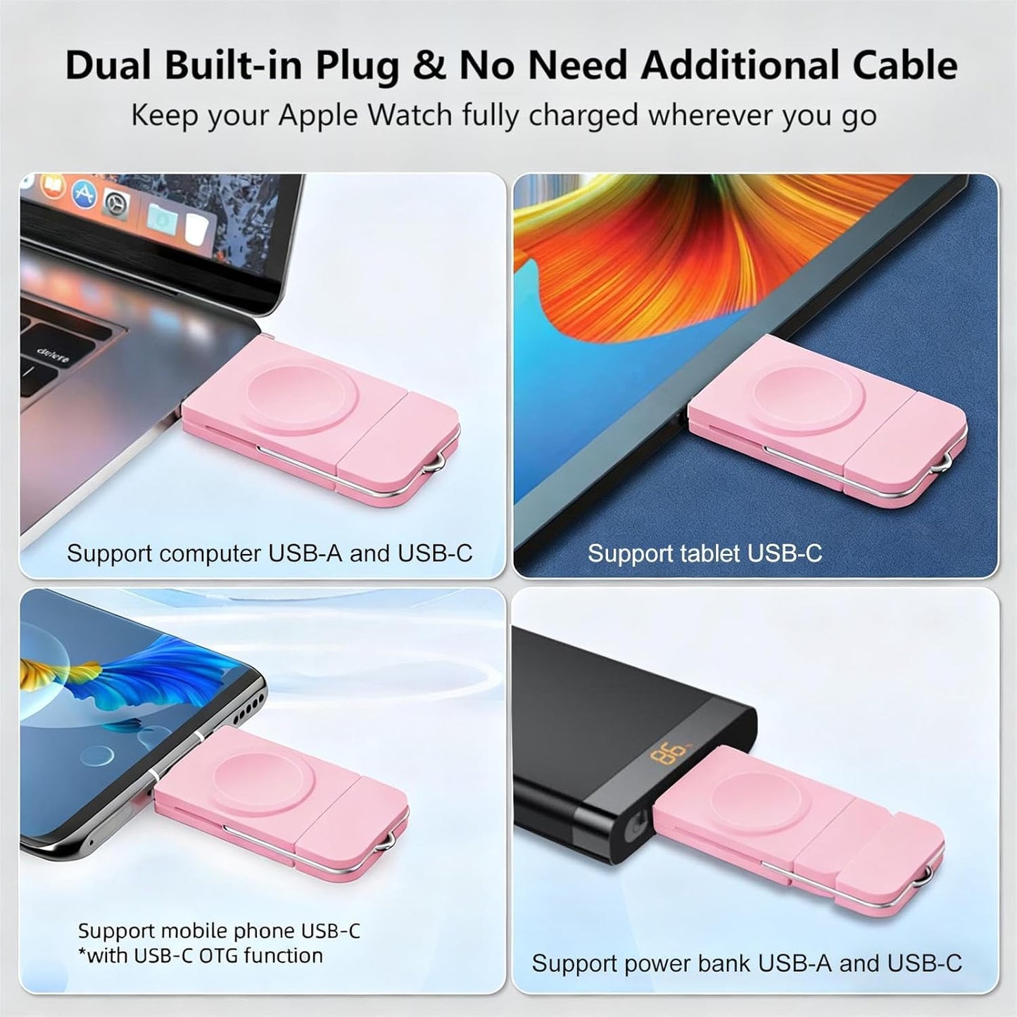 Charger for Apple Watch, Magnetic Portable iwatch Charger, USB C &USB A Fast Wireless Charging Travel Charger for Apple Watch Series 11/10/9/8/7/6/5/4/3/2/1/SE/UItra 2/Ultra,Pink