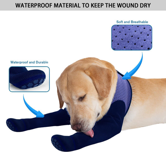 COODEO Dog Socks & Paw Protectors - Front Paws Only, Non-Slip Waterproof Dog Boots to Prevent Paw Licking, Protect Wounds & Aids Post-Surgery Recovery (Purple, L)