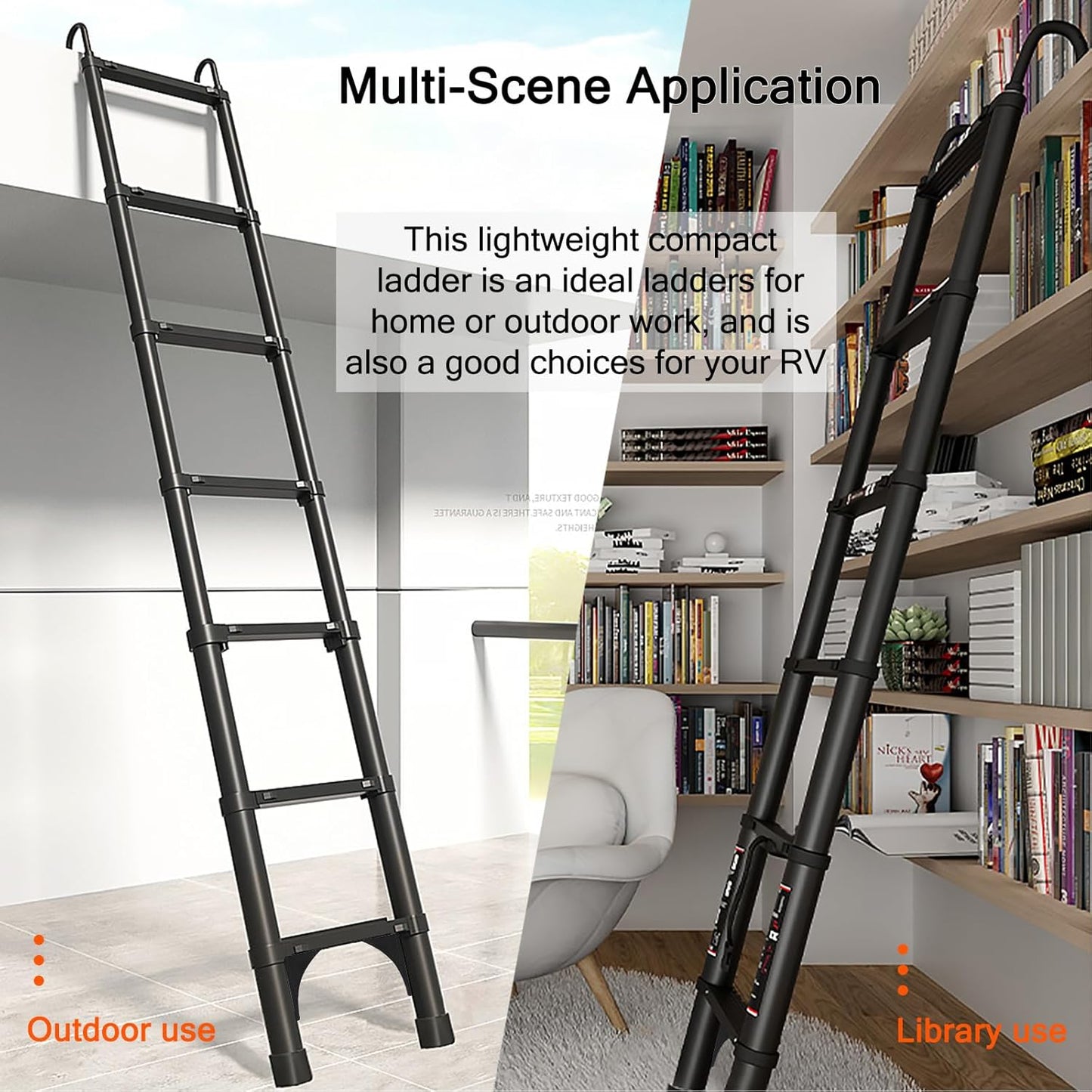 Telescoping Ladder 12.5 FT - Aluminum Telescopic Ladder with Hooks - Folding Extension Ladders for Home Work Loft Roof Attic RV Ladder with EN131 Certification - 330lbs Max Capacity (Black)