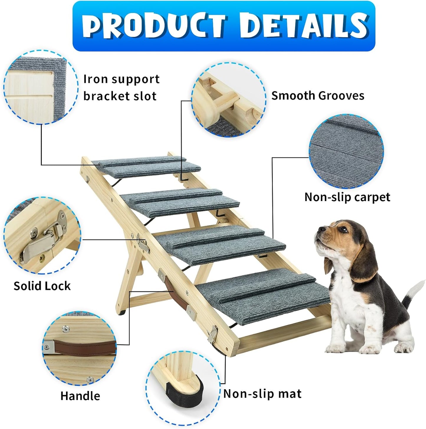 TNELTUEB Dog Ramp, 2-in-1 Dog Stairs for Small Dogs, 32.6" Long, Adjustable 8.5"-18" Pet Ramp with Non-Slip Traction Mat, Folding Portable Wooden Dog Steps for Bed, Couch, Car, Rated for 30 LBS (Grey)