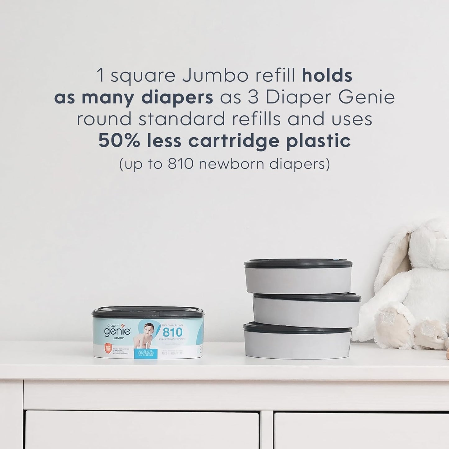 Diaper Genie Jumbo Square Refill, with Continuous Film, can Hold up to 810 Newborn-Sized Diapers per Refill.