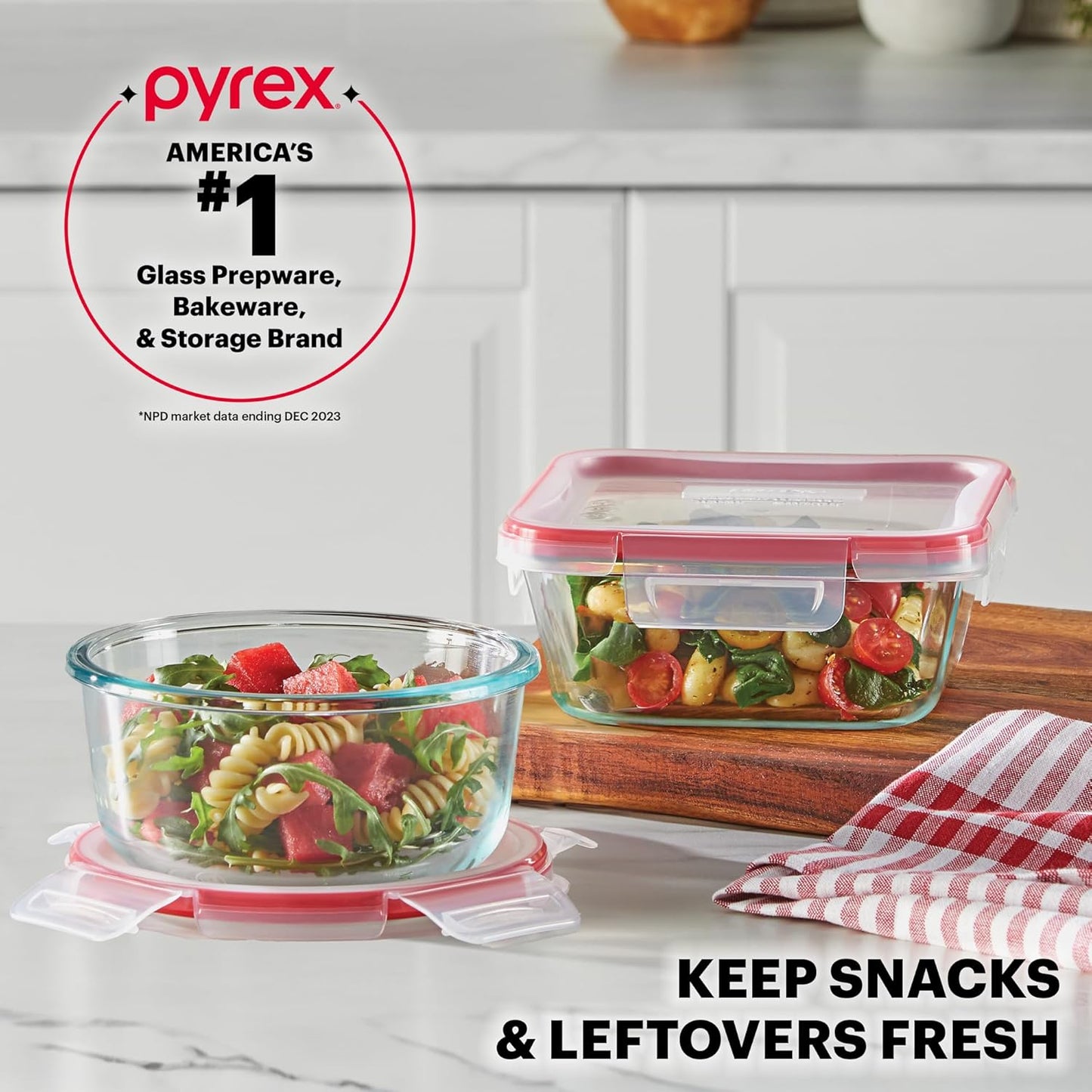 Pyrex Freshlock (7-Pack) Glass Food Storage Containers Set, (1, 2, 4 Cups) Airtight & Leakproof Plastic Locking Lids BPA-Free, Meal Prep Containers Set, Freezer Dishwasher Microwave Safe