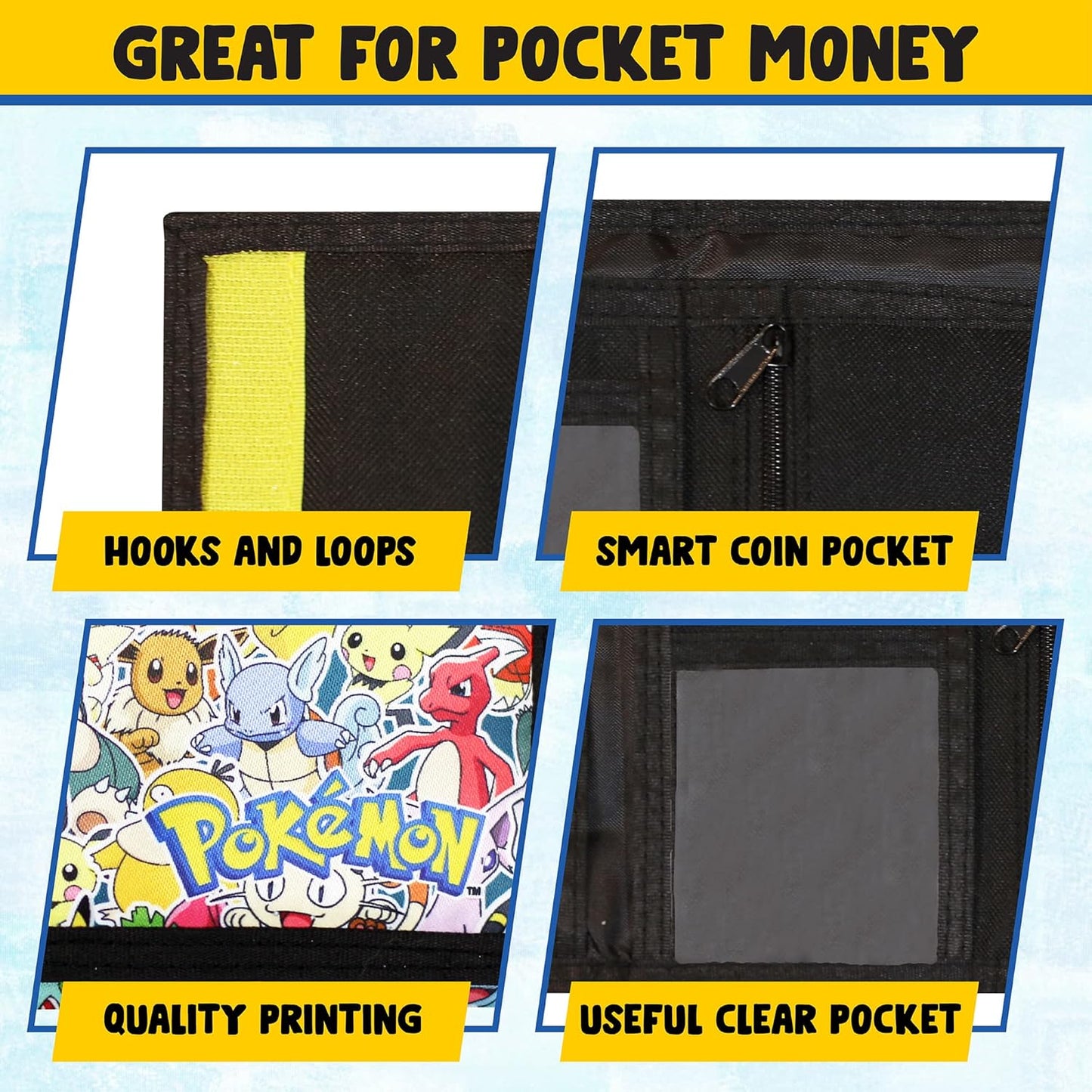 Pokemon Wallet for Boys and Girls, Kids Trifold Purse Canvas Velcro Wallets with Zip, Pound Coin and Card Holder - Featuring Charizard & Pikachu, Great Pokemon Gifts