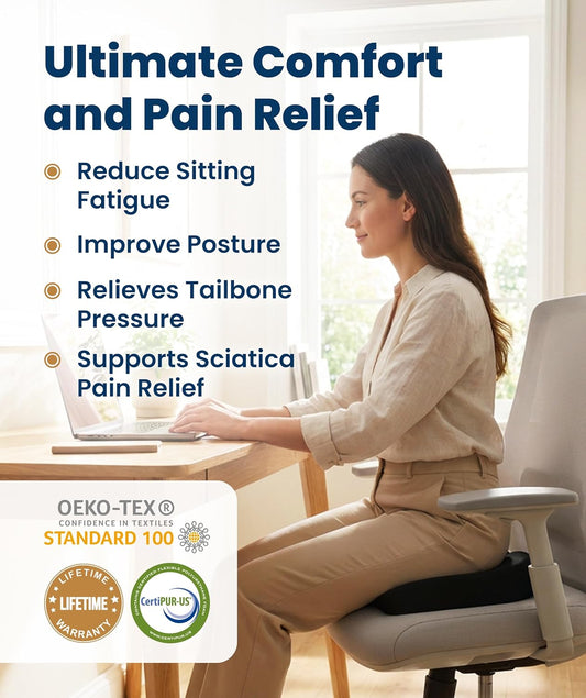 Everlasting Comfort Doctor Recommended Memory Foam Seat Cushion for Office Chairs & Car - Ergonomic Office Desk Accessories - Cushions for Tailbone Pain Relief, Sciatica (Black, Large)