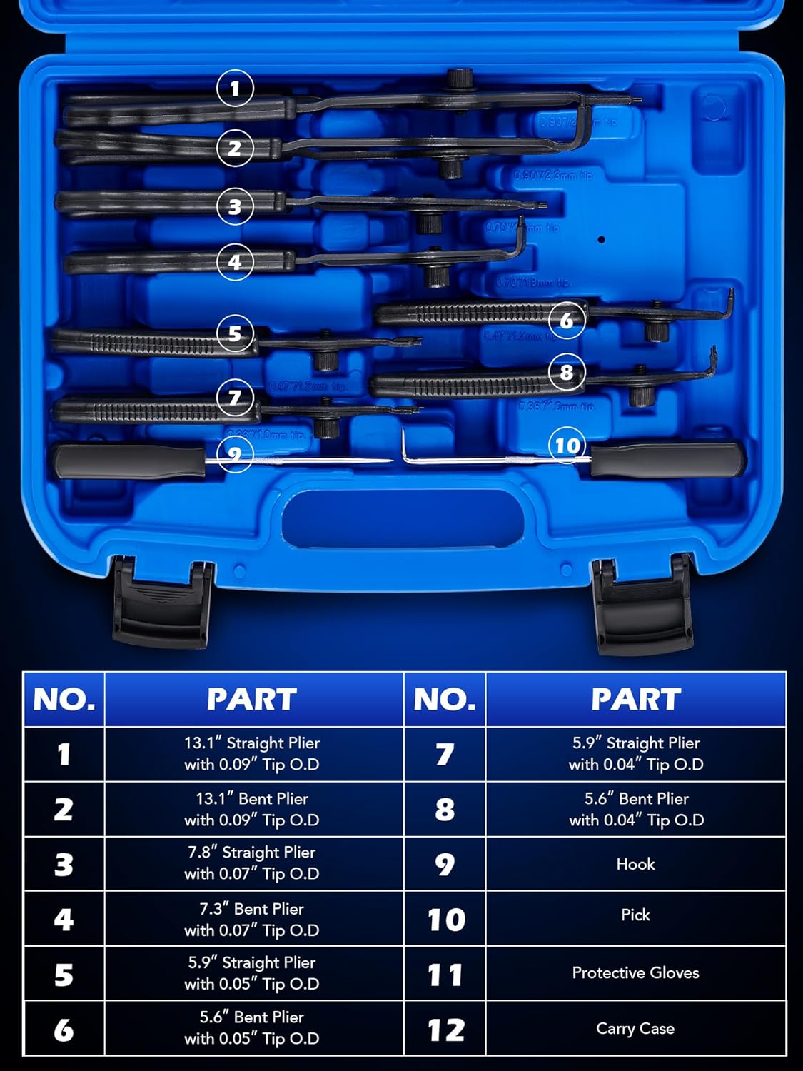 Orion Motor Tech 10pc Snap Ring Pliers Set, Internal & External Circlip Pliers With Bent & Straight Pliers, Hook Pick, Heavy Duty Snap Ring and Circlip Removal Tool with Storage Case & Gloves