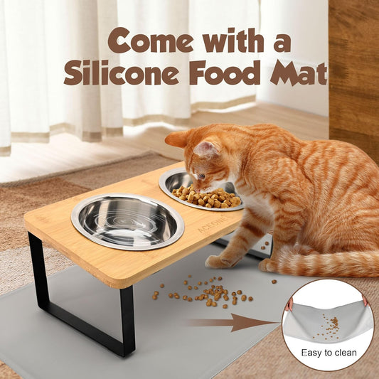 Elevated Cat Bowls with Non Slip Mat, ACEONE 15° Tilted Raised Anti Vomit Cat Feeder for Food and Water, Pet Feeding Station with 2 Stainless Steel Bowls(M Bowl)