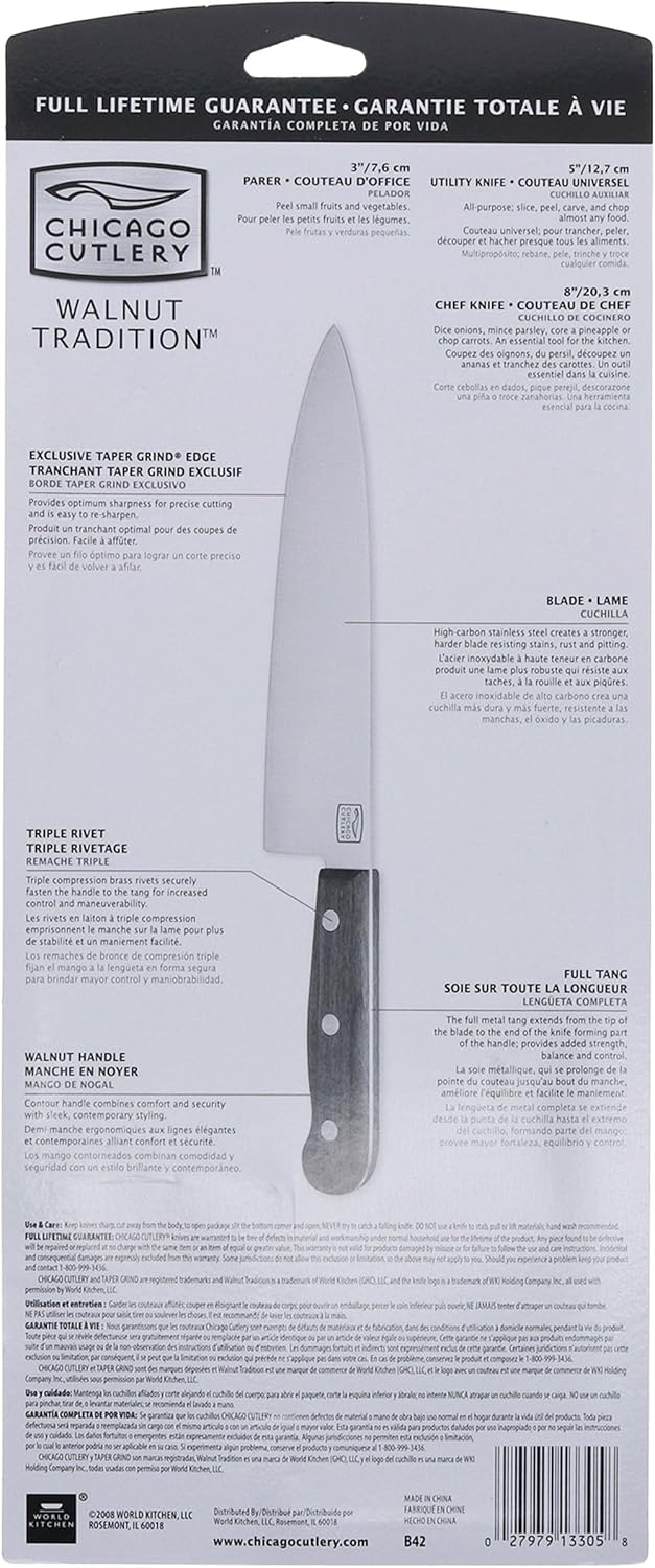 Chicago Cutlery B42 Walnut Tradition 3pc Parer, Utility and Chef Knife Set