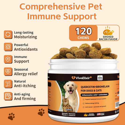 Quercetin & Bromelain for Dogs & Cats with Colostrum & Probiotics - Supports Immune System, Relieves Itchy Allergies, Anti-Inflammatory Antioxidants, Veterinarian Recommended, 120 Chewable Tablets