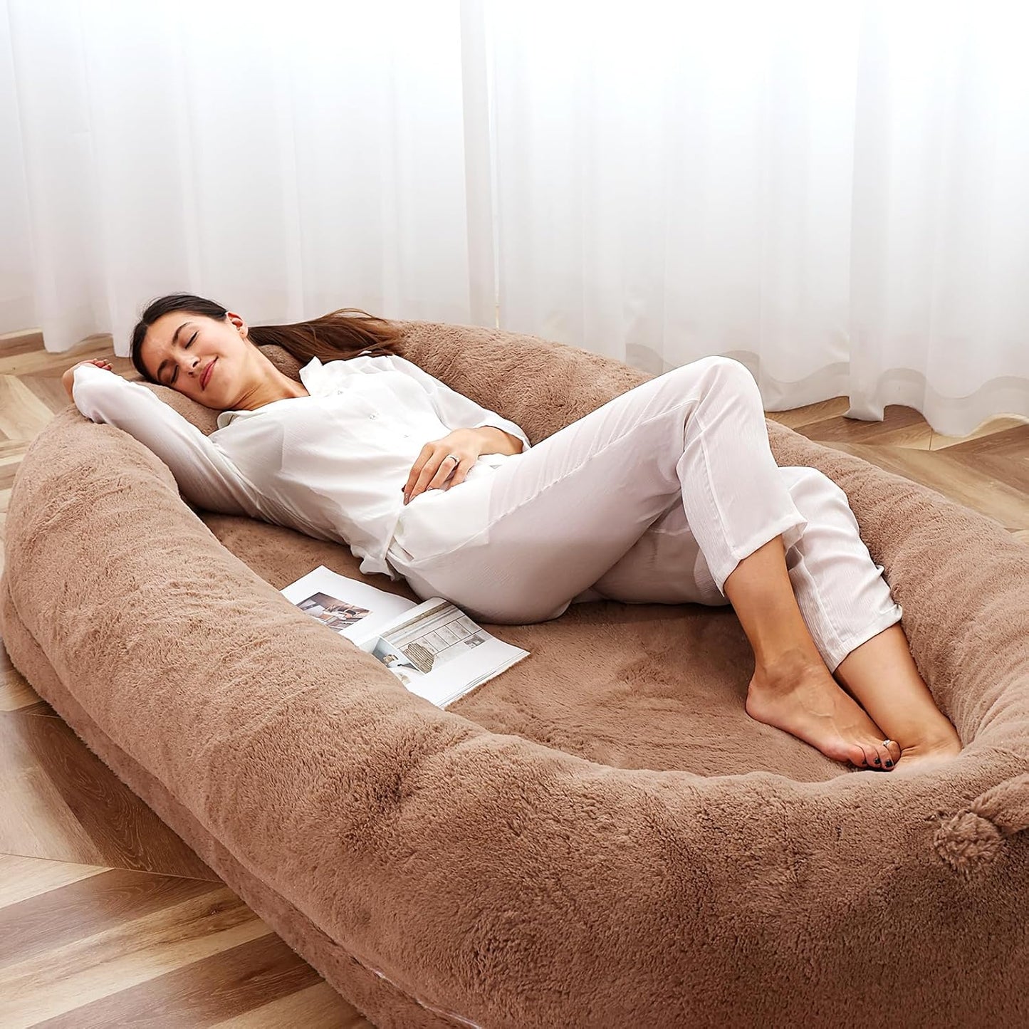 SUNYRISY Large Human Dog Bed, 71" x 47.2" x 12", Washable Faux Fur Non-Slip Bottom Giant Bed for Adults and Large Dogs, Brown