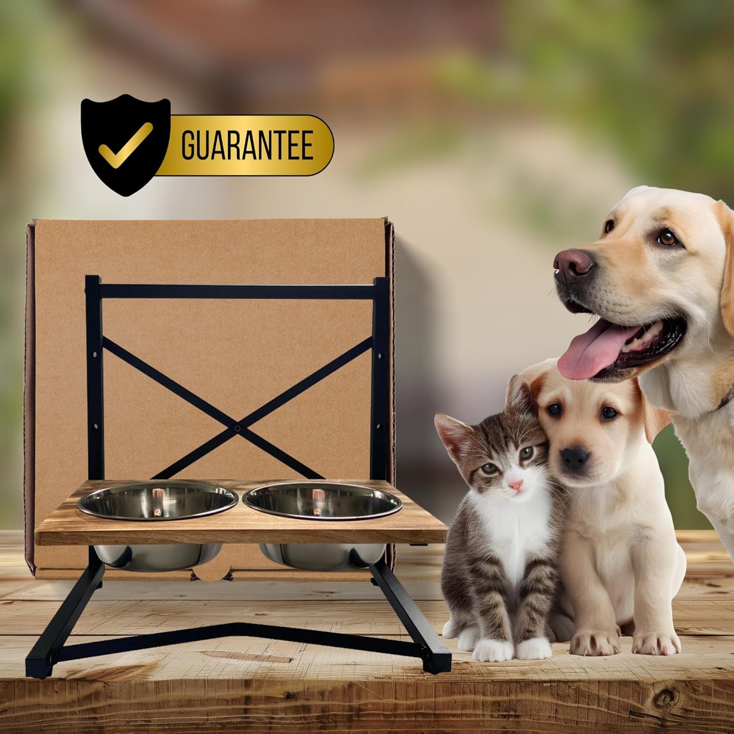 Pet Compawny Elevated Dog Bowl, Adjustable, 3 Heights with Stainless Steel, Raised Stand for Food and Water, Perfect for Dogs and Cats, Easy to Clean, Wood and Metal Frame, Modern Design