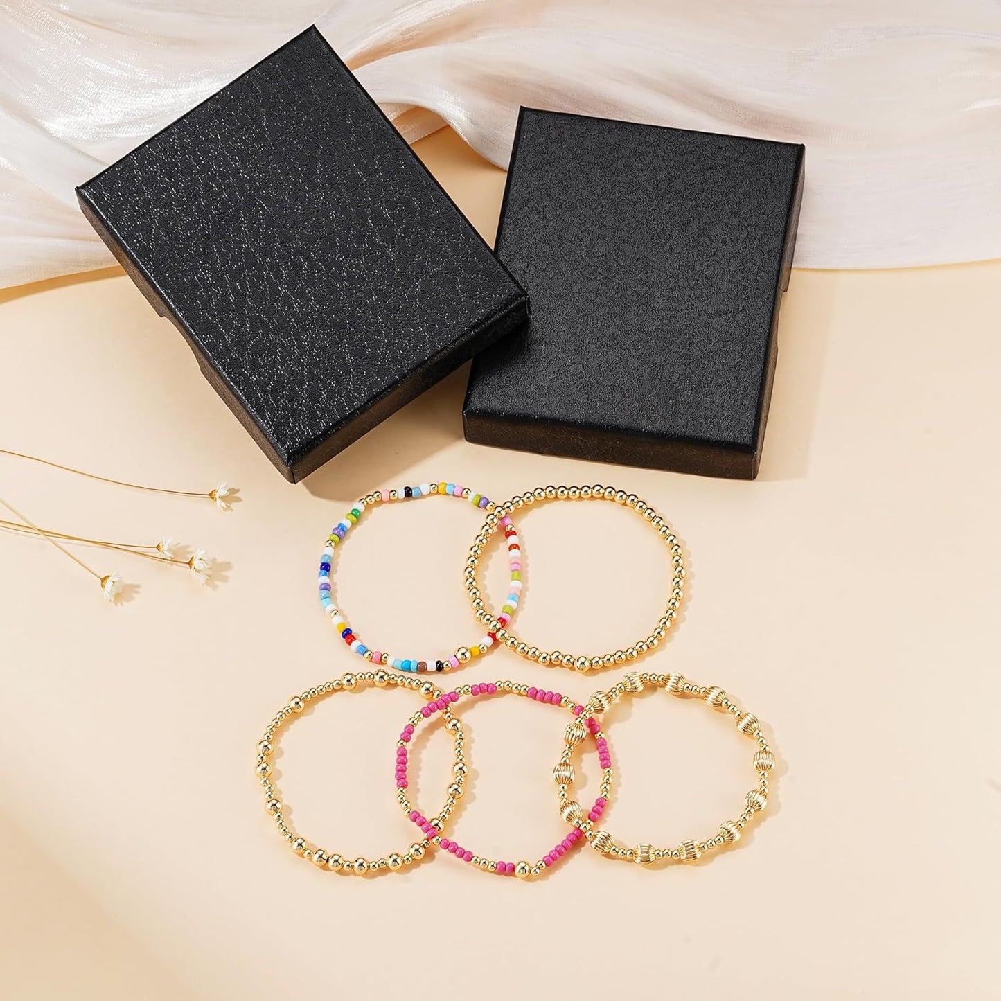 Turandoss Gold Beaded Bracelets for Women Girls - Dainty 14K Gold Plated Turquoise Cross Bead Bracelet Pearl Bracelets Set for Women Heishi Clay Beaded Bracelet Jewelry Gifts for Her
