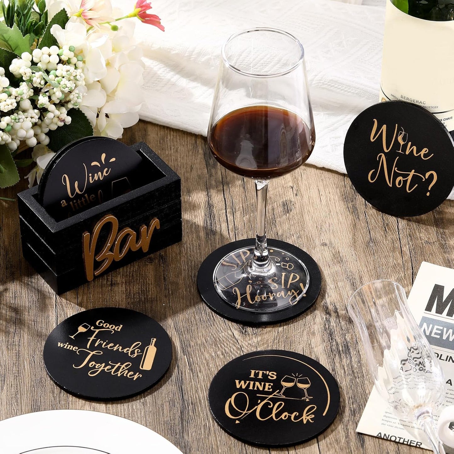 Wine Gifts Coasters for Women Set of 6 Wine Accessories for Lovers House Warming Gifts New Home Funny Cocktail Coasters with Holder for Adults Bar Party, 4 Inch(Black)