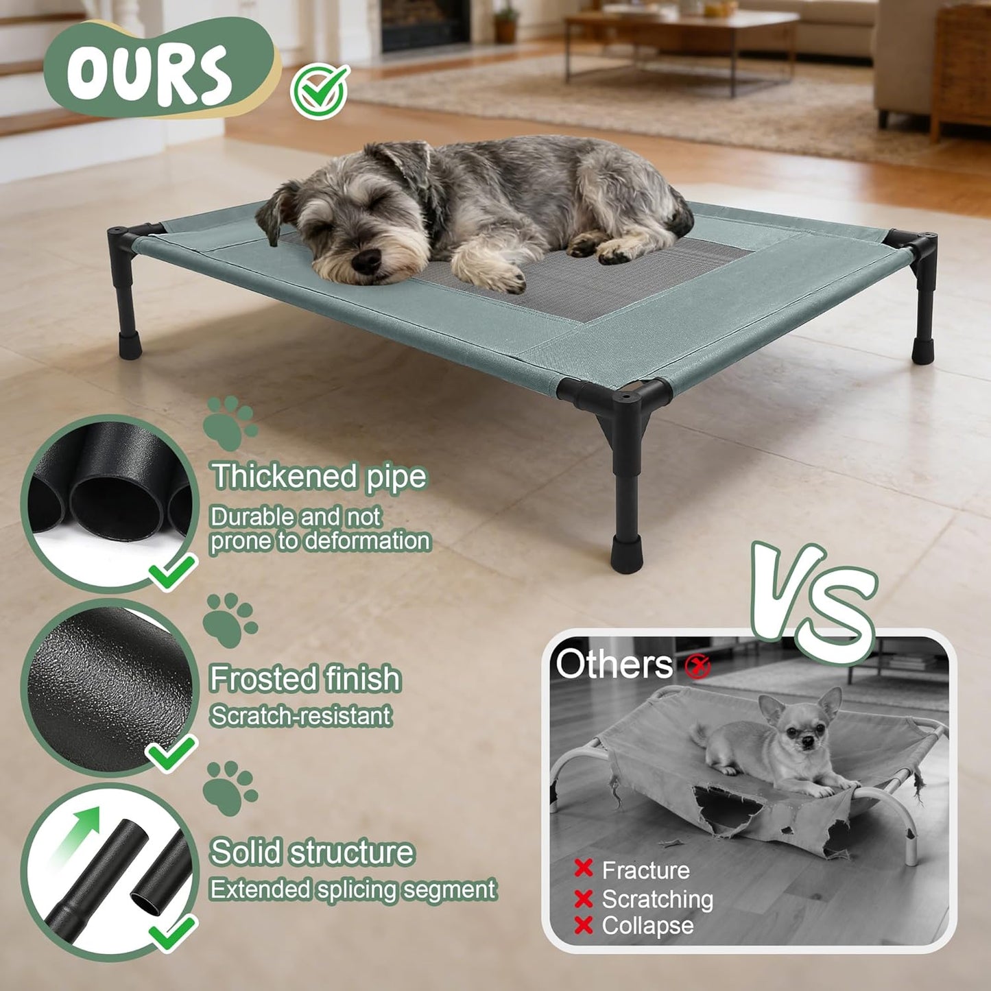Elevated Dog Bed for Large Dogs - Outdoor Cooling Cot with Washable Breathable Mesh, Portable Raised Pet Bed with Non-Slip Feet & Waterproof Teslin, Heavy Duty & Chew Proof for Camping (Grey, Large)