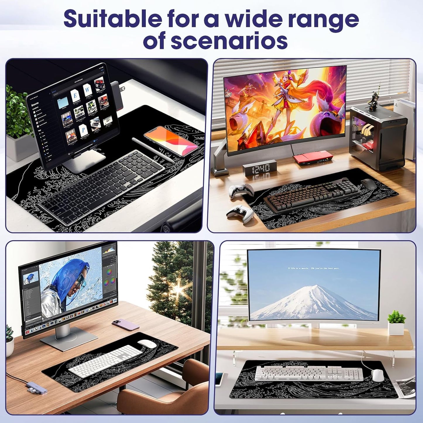 LifetimeWarrantly Japanese Sea Wave Large Gaming Mouse Pad – 31.5" x 15.7" Full Desk Mat, Non-Slip Rubber Base, Waterproof, Stitched Edges, Durable Surface for Esports, Office, Home