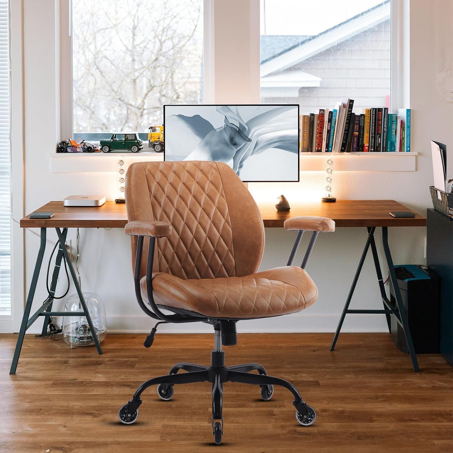 YFO Home Office Desk Chair Office Rubber Casters Ergonomic Computer Chair with Lumbar Support Adjustable Height Rolling Swivel Executive Task Armrests Chair๏ผ Brown Leather