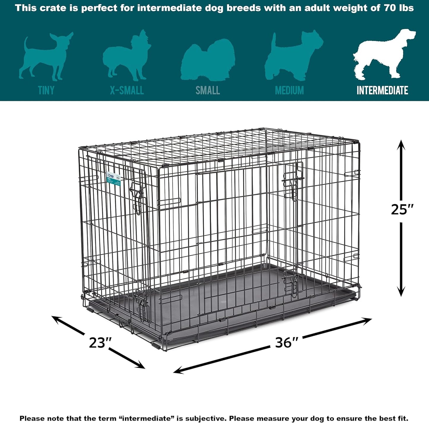 MidWest Homes for Pets 36-Inch iCrate for Medium-Large Breeds, 41-70 lbs, Double Door Folding Dog Crate with Divider Panel, Leak-Proof Tray & Secure Latches, Portable, Durable & Easy to Assemble