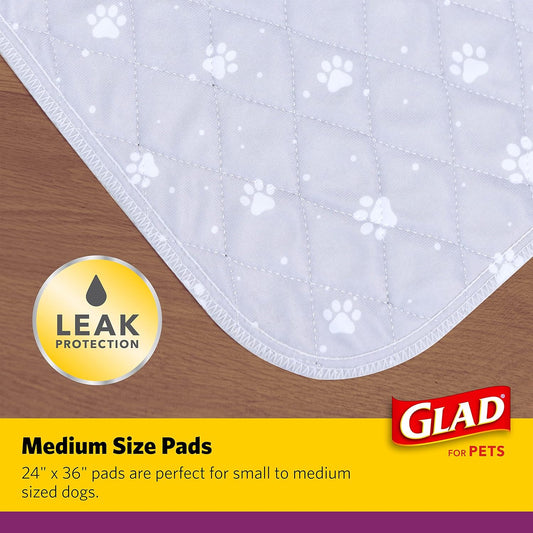 GLAD for Pets Washable Training Pads, Medium Size (24”x36”), 2 Pack Gray with Paw Prints| Re-usable Cloth Dog Training Pads with 3 Layers of Leak Protection and No Slip Grip Vinyl Bottom