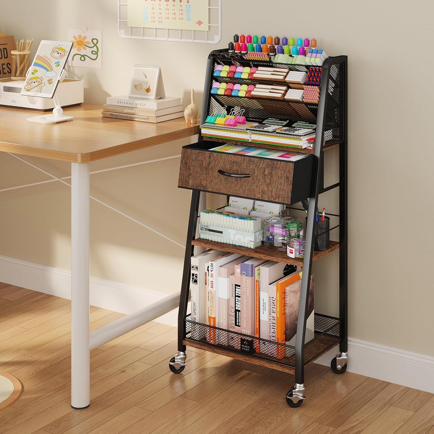 3 Tier Rolling Cart - Metal Utility Cart with Storage Drawer and Wheels, Versatile Art & Craft Organizer for Home, Office, or Studio - Ideal for Storing Brushes, Paints, and Supplies