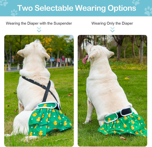 Avont 3 Pack Washable Female Dog Diaper with 1 Suspender, Reusable Girl Doggie Underwear Pants for Heat Cycle Period Incontinence Detachable Strap -Animal Pattern XL