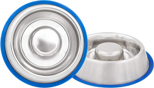 Fuzzy Puppy Slow Feeder Dog Bowl with Non-Slip Rubber Base for Dogs & Cats, Holds Food, Water & Treats, Metallic Silver Stainless Steel, 18oz (SFD-S)