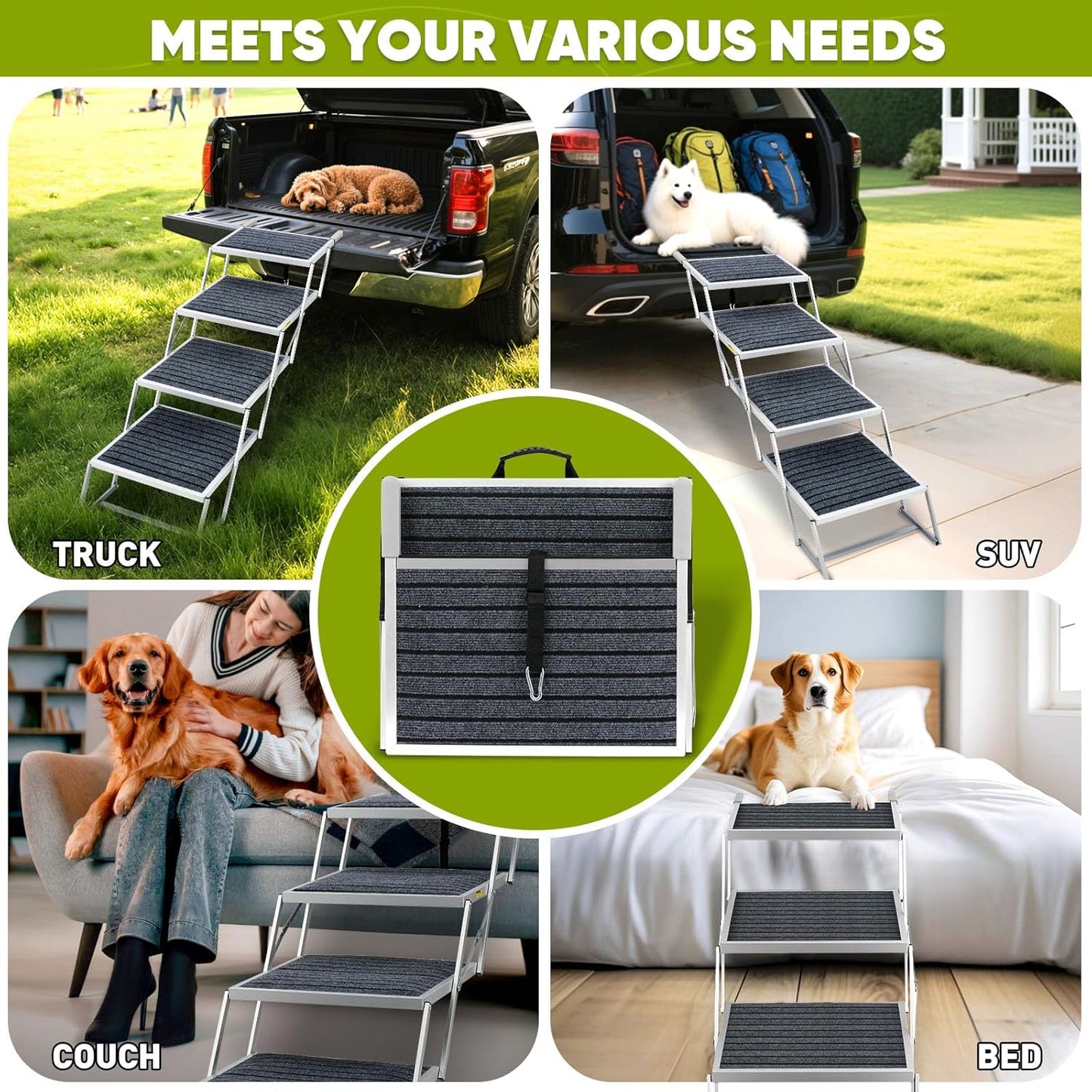 Extra Wide Dog Stairs for Large Dogs, Dog Stairs for Cars, Foldable Dog Ramp,Light Weight Aluminum,High Beds,for SUV Trucks, Supports up to 200 lbs