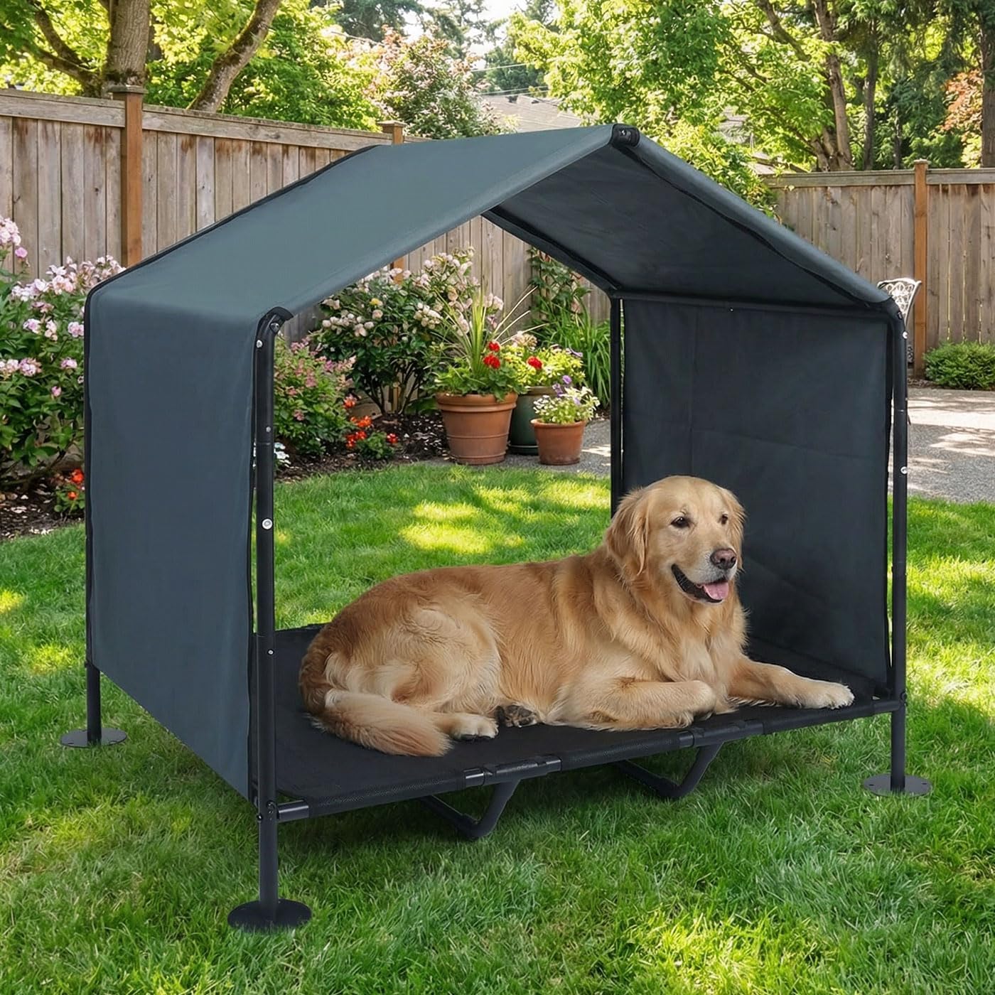 Outdoor Dog House for Large Dogs, Raised Dog Bed with Removable Waterproof Shade Cover, Portable Pet Shelter for Camping, Patio & Yard